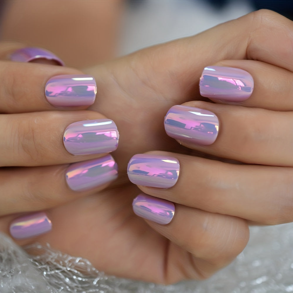 Short Manicure Solid Color Purple Chrome (24pcs)