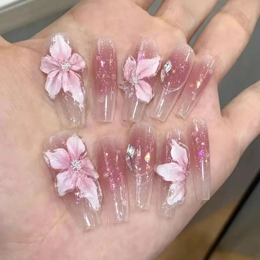 Long Handmade Gradient Pink Fake Nails (10 Pcs)