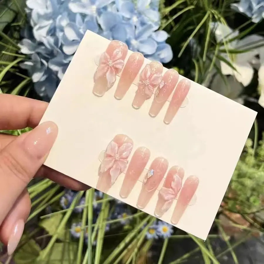 Long Handmade Gradient Pink Fake Nails (10 Pcs)