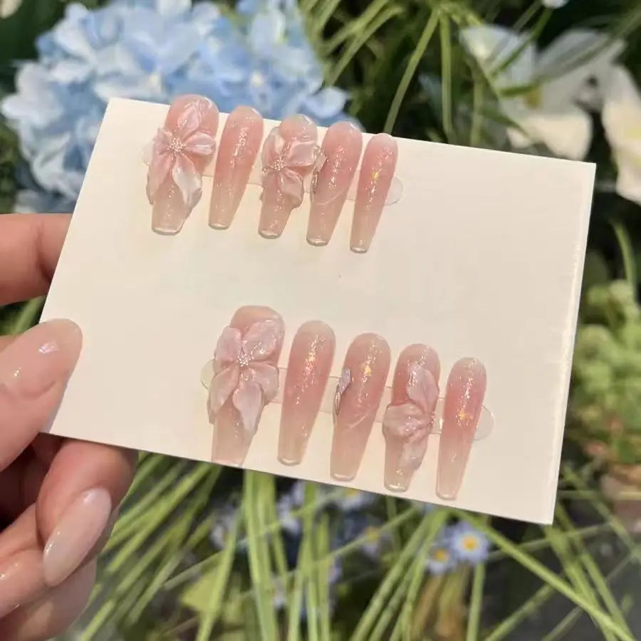 Long Handmade Gradient Pink Fake Nails (10 Pcs)