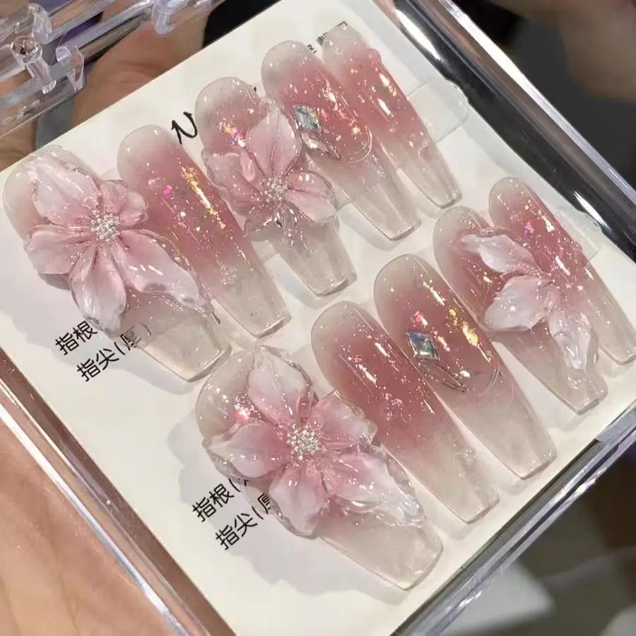 Long Handmade Gradient Pink Fake Nails (10 Pcs)