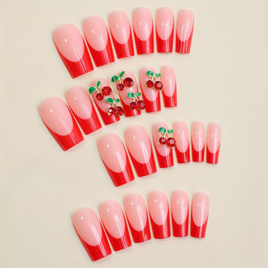 Long Ballet Fake Nails with Cherry Plant Design (24Pcs)