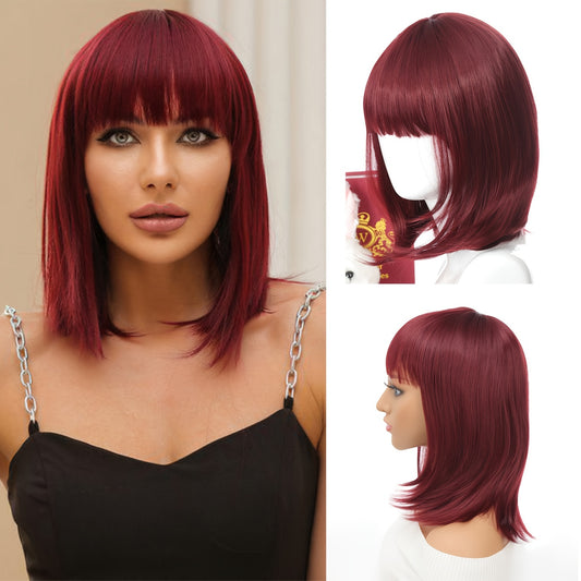 Wine Red Wig With Bangs Short Straight Bob