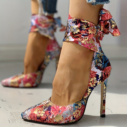 Women's Floral Print Satin Stiletto High Heels