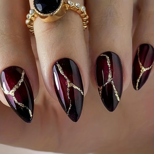 Dark Red Press On Nails(24 Pcs)