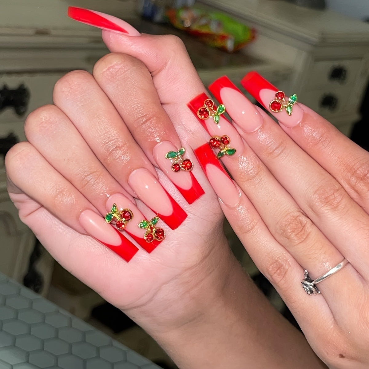 Long Ballet Fake Nails with Cherry Plant Design (24Pcs)