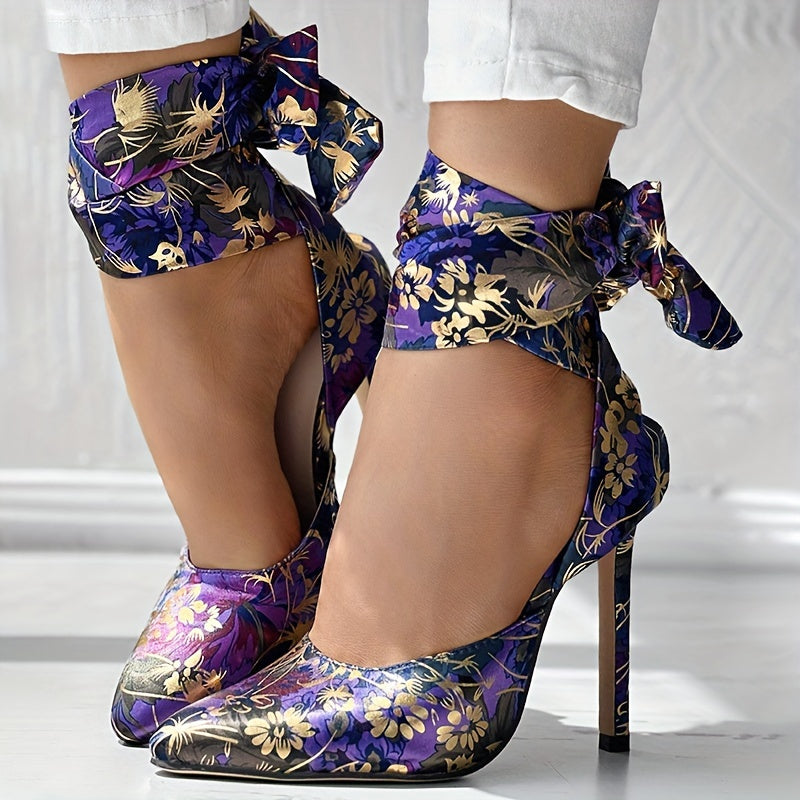 Women's Floral Print Satin Stiletto High Heels