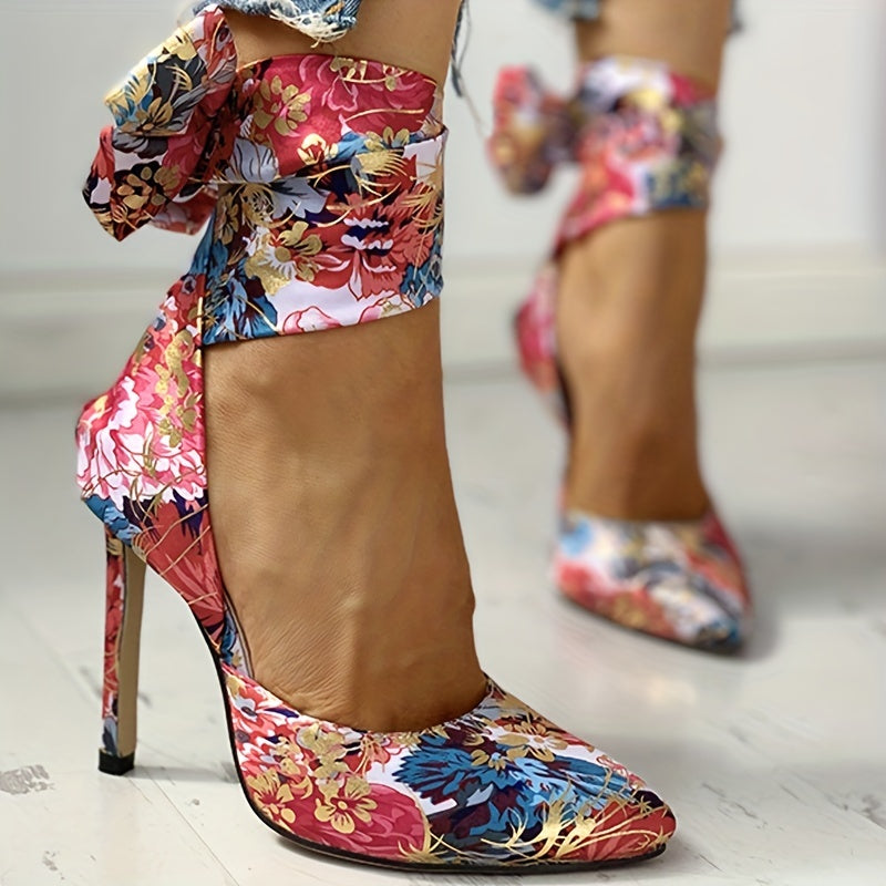 Women's Floral Print Satin Stiletto High Heels