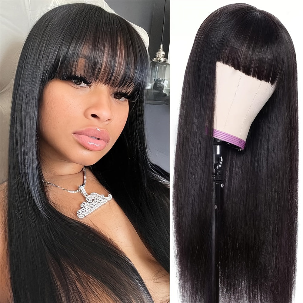 Straight Human Hair Wigs With Bangs Brazilian Virgin None Lace Front Wigs Glueless Machine Made For Women Wigs 150% Density Natural Color