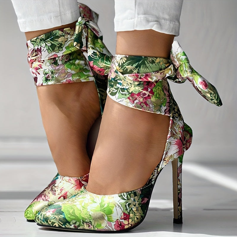 Women's Floral Print Satin Stiletto High Heels