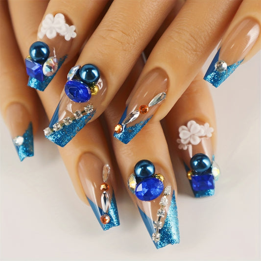 Luxury Ocean Blue French Press On Nails (24pcs)