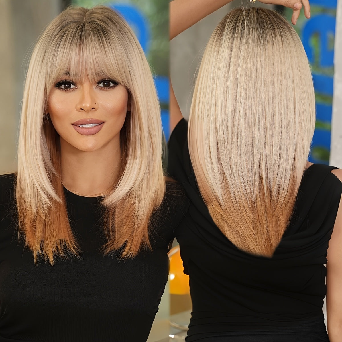 High Density Synthetic Layered Straight Hair Wigs with Bangs