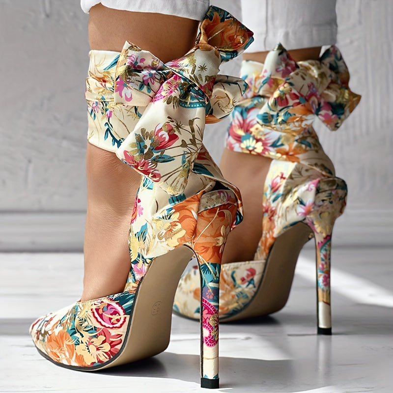 Women's Floral Print Satin Stiletto High Heels