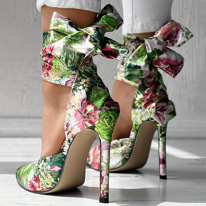 Women's Floral Print Satin Stiletto High Heels