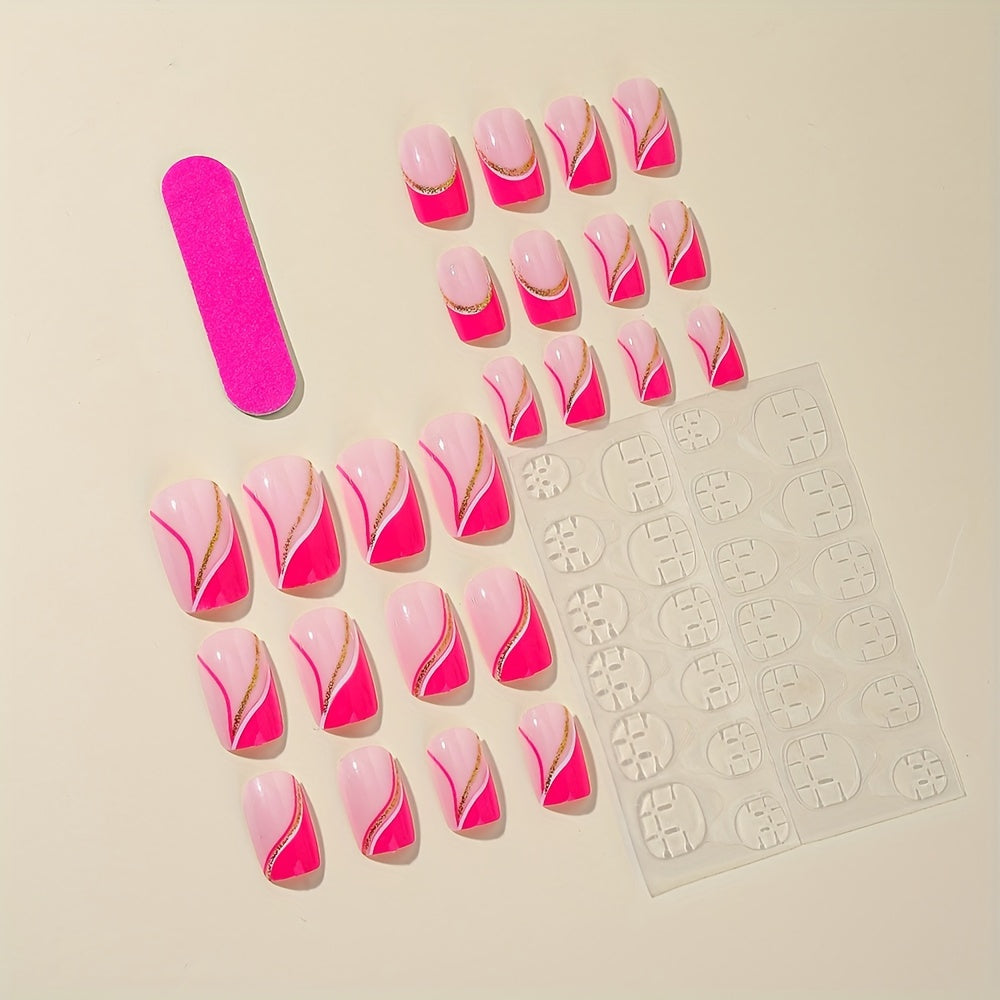 Rose Pink French Tip Fake Nails (24pcs)