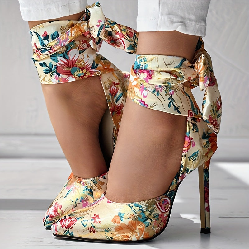 Women's Floral Print Satin Stiletto High Heels