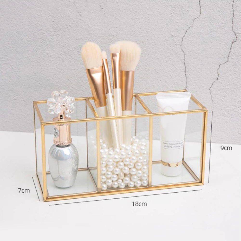Premium Glass Makeup Brush Organizer with Gold Rim Cosmetic Brush Holder