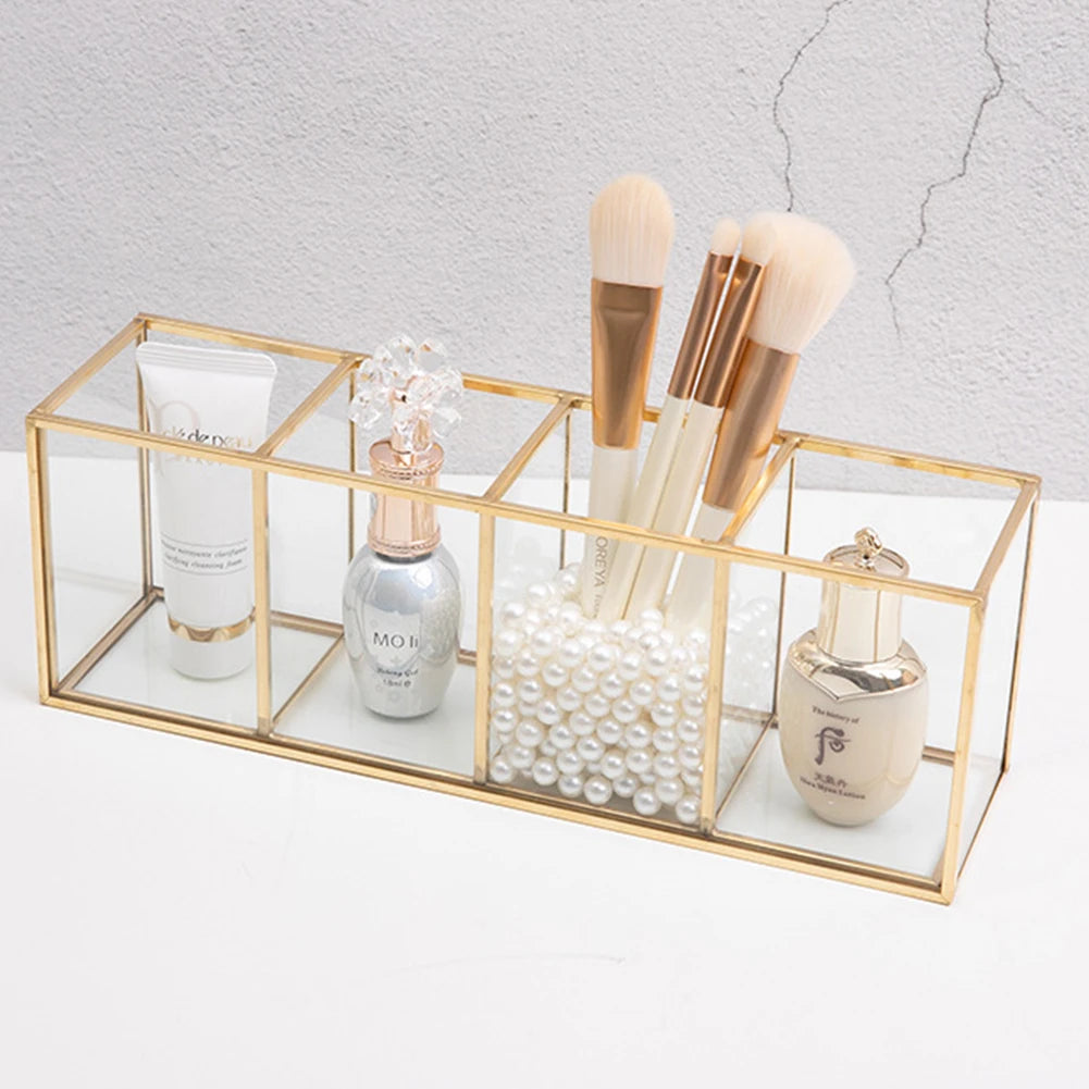 Premium Glass Makeup Brush Organizer with Gold Rim Cosmetic Brush Holder