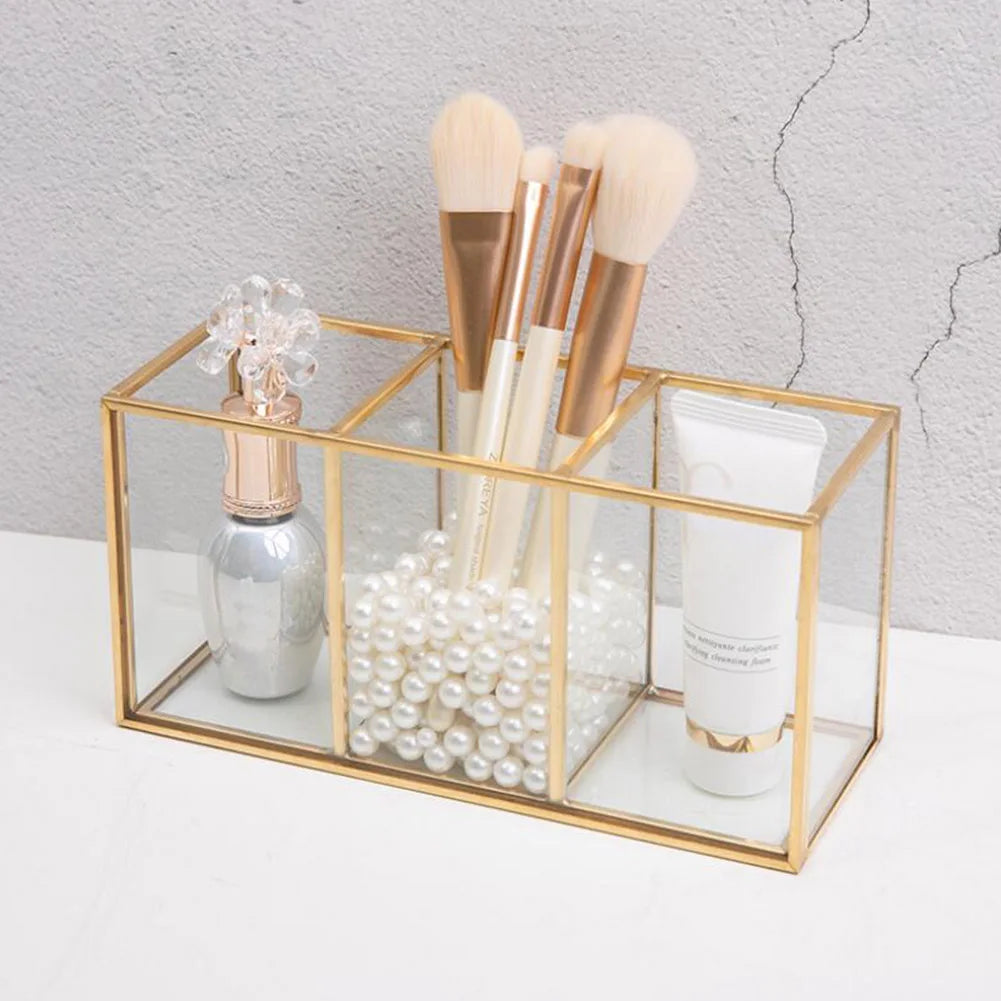 Premium Glass Makeup Brush Organizer with Gold Rim Cosmetic Brush Holder