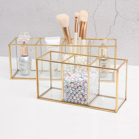 Premium Glass Makeup Brush Organizer with Gold Rim Cosmetic Brush Holder