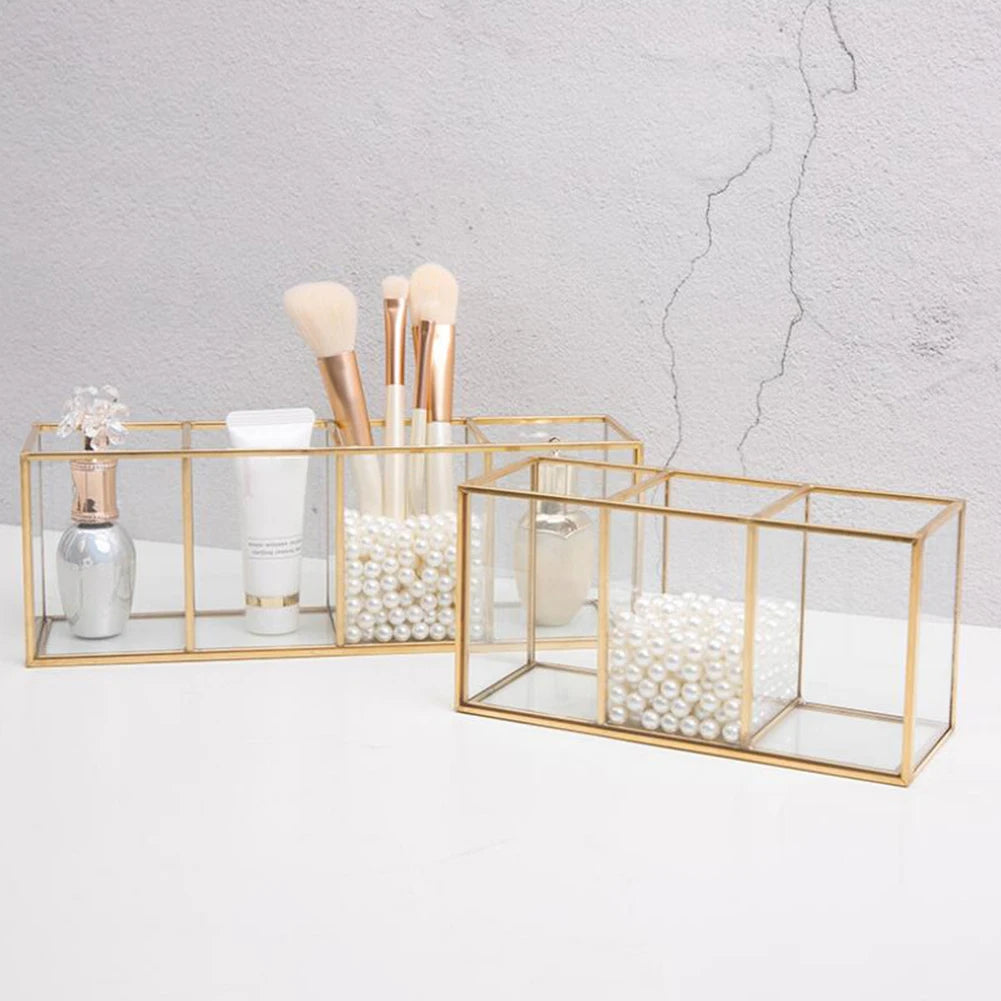 Premium Glass Makeup Brush Organizer with Gold Rim Cosmetic Brush Holder
