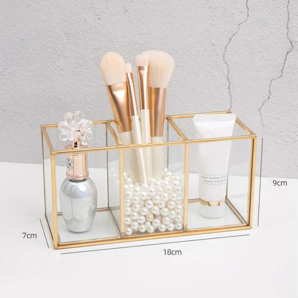 Premium Glass Makeup Brush Organizer with Gold Rim Cosmetic Brush Holder