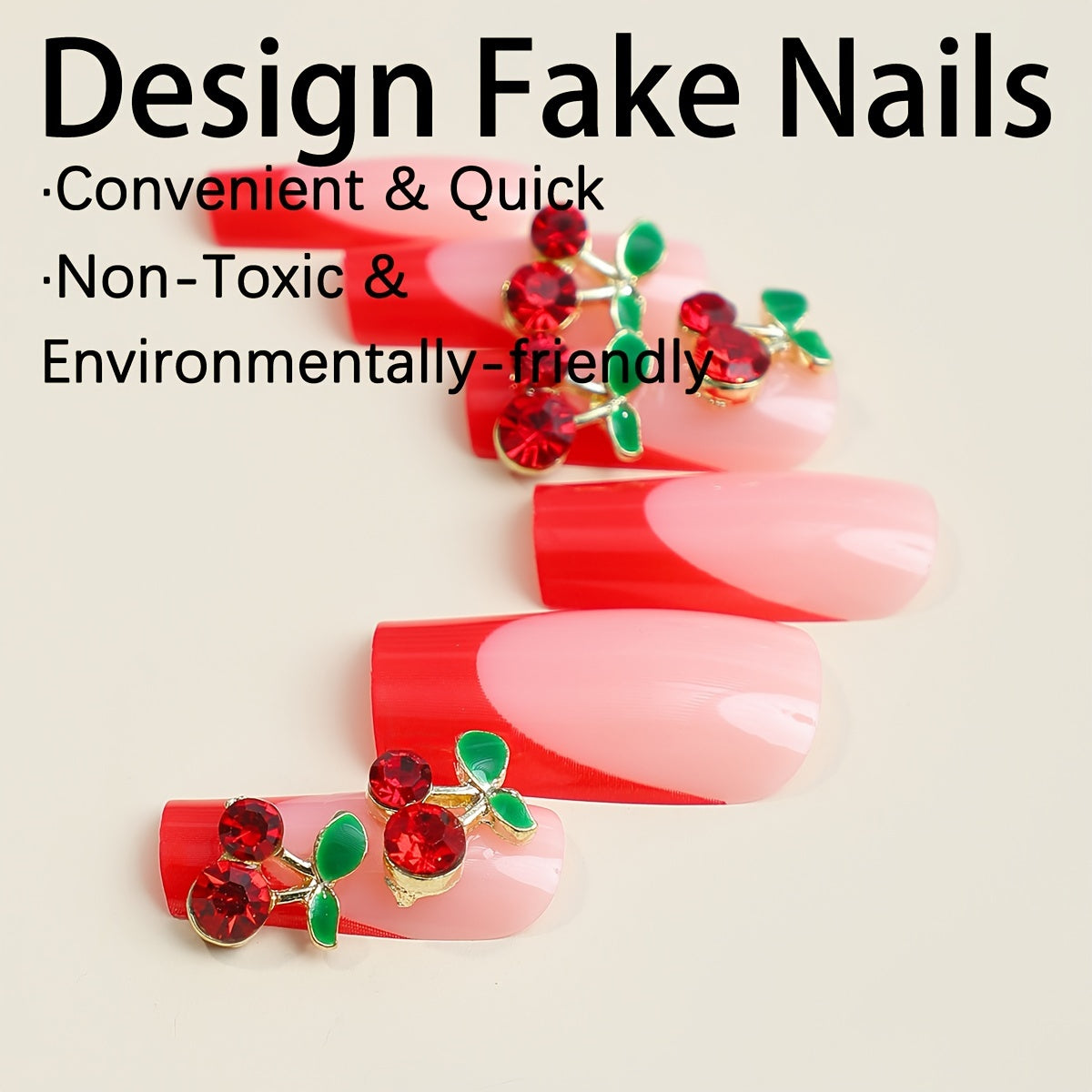 Long Ballet Fake Nails with Cherry Plant Design (24Pcs)