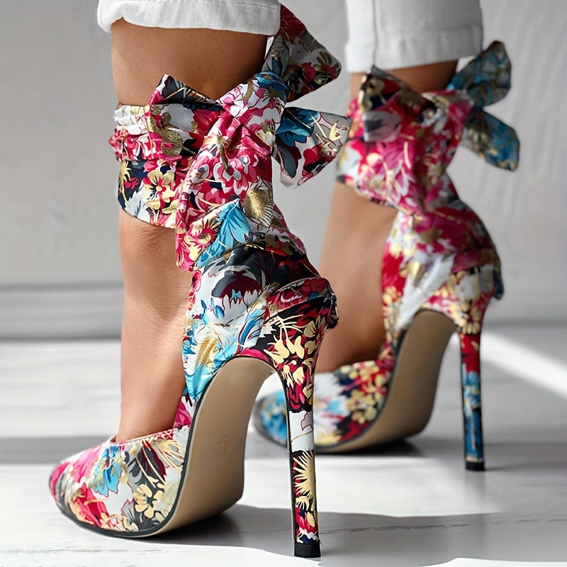 Women's Floral Print Satin Stiletto High Heels