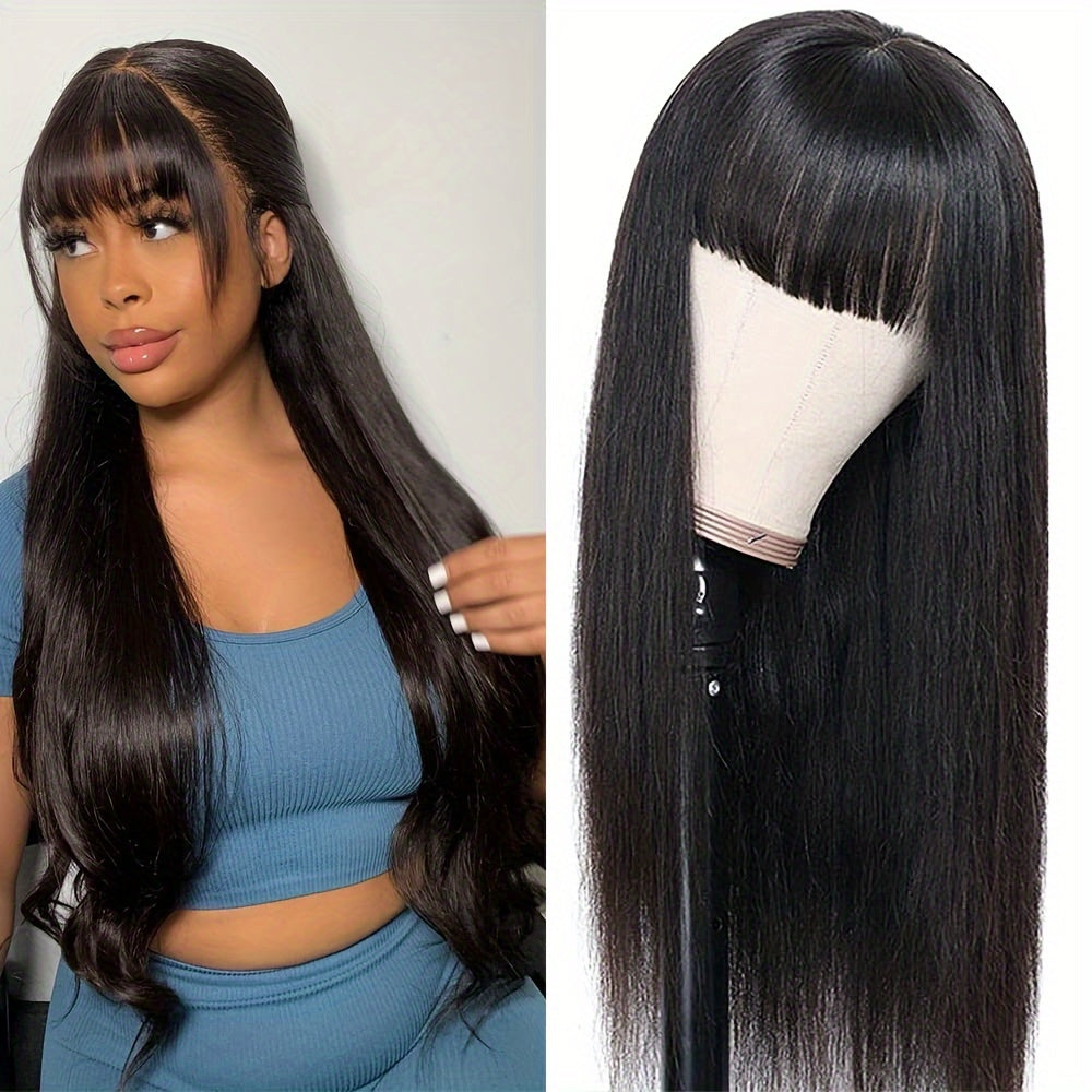 Straight Human Hair Wigs With Bangs Brazilian Virgin None Lace Front Wigs Glueless Machine Made For Women Wigs 150% Density Natural Color